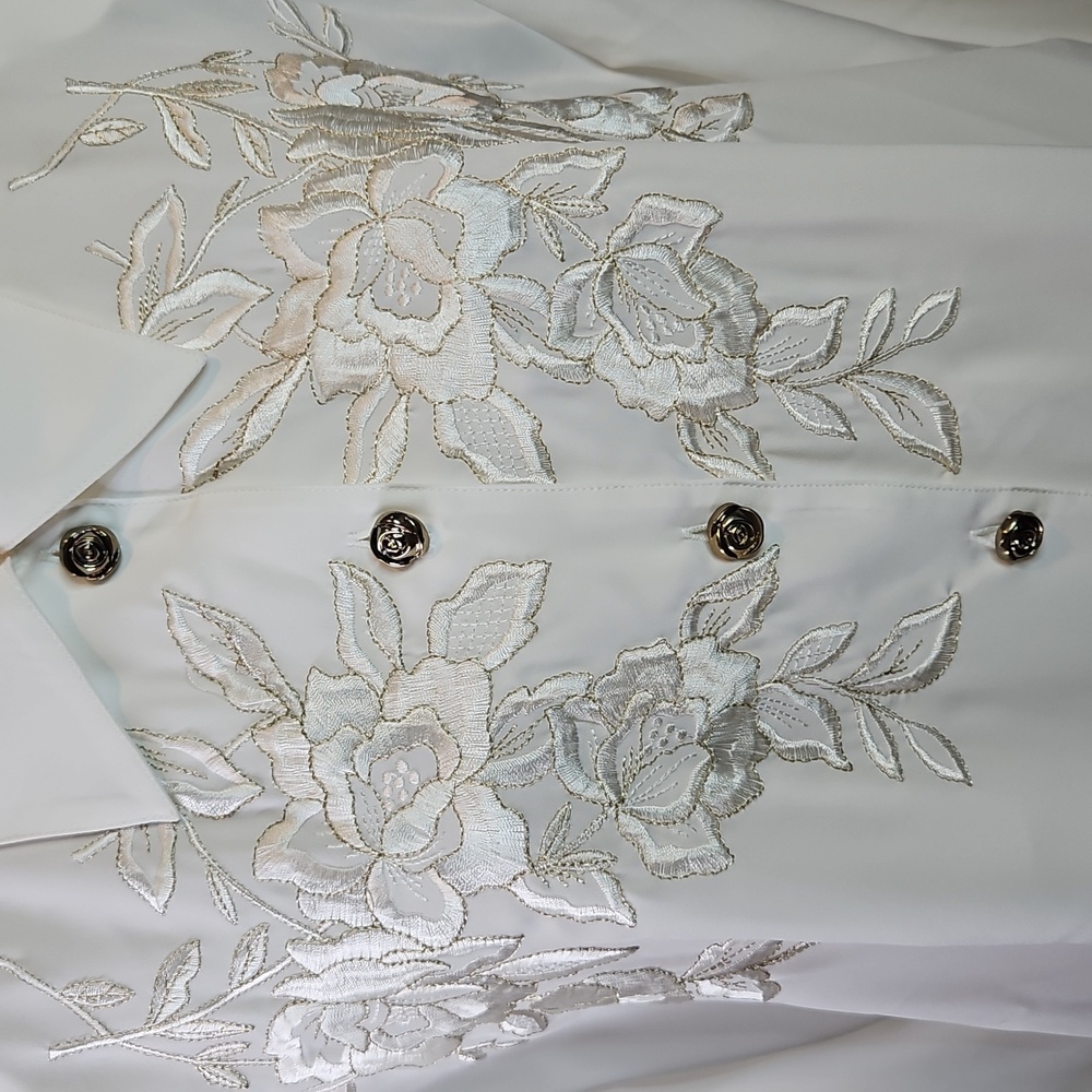 Kathy Che White Blouse Floral Embroidered Button-Up Shirt 14 Vintage - Picture 5 of 13